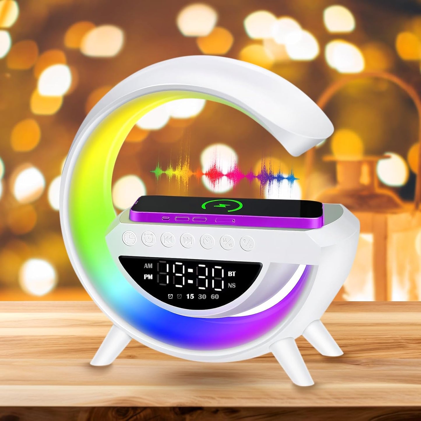 Lámpara LED de Mesa Inteligente 5 en 1 – Luz RGB, Altavoz Bluetooth, Cargador Inalámbrico y Más