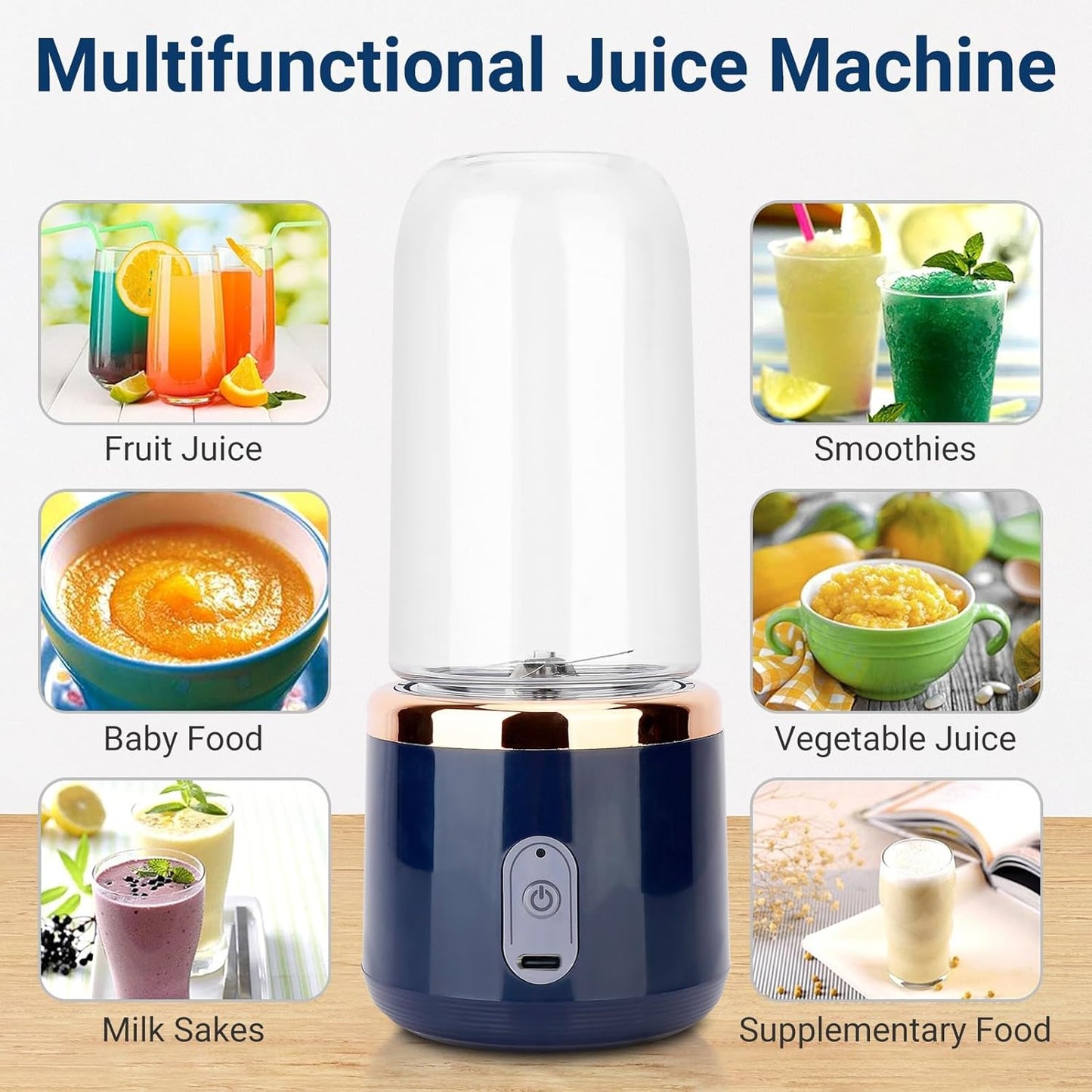 Extractor de Jugo Portátil 400 ml – Recargable USB, 6 Cuchillas, Batidora Personal