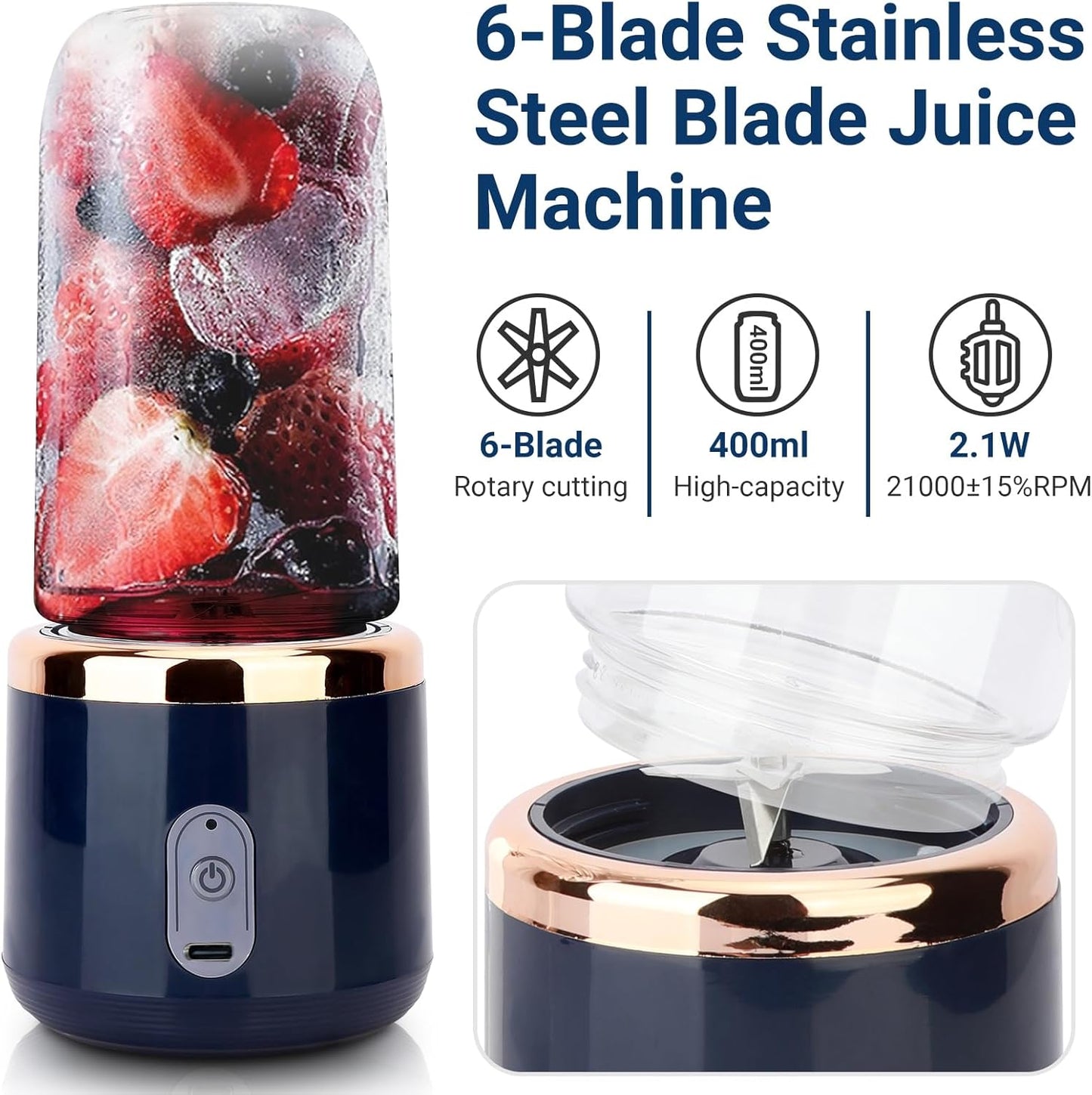 Extractor de Jugo Portátil 400 ml – Recargable USB, 6 Cuchillas, Batidora Personal