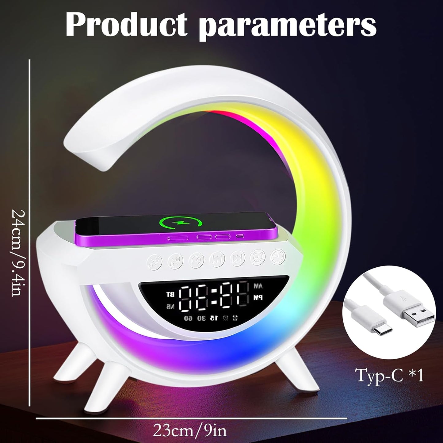Lámpara LED de Mesa Inteligente 5 en 1 – Luz RGB, Altavoz Bluetooth, Cargador Inalámbrico y Más