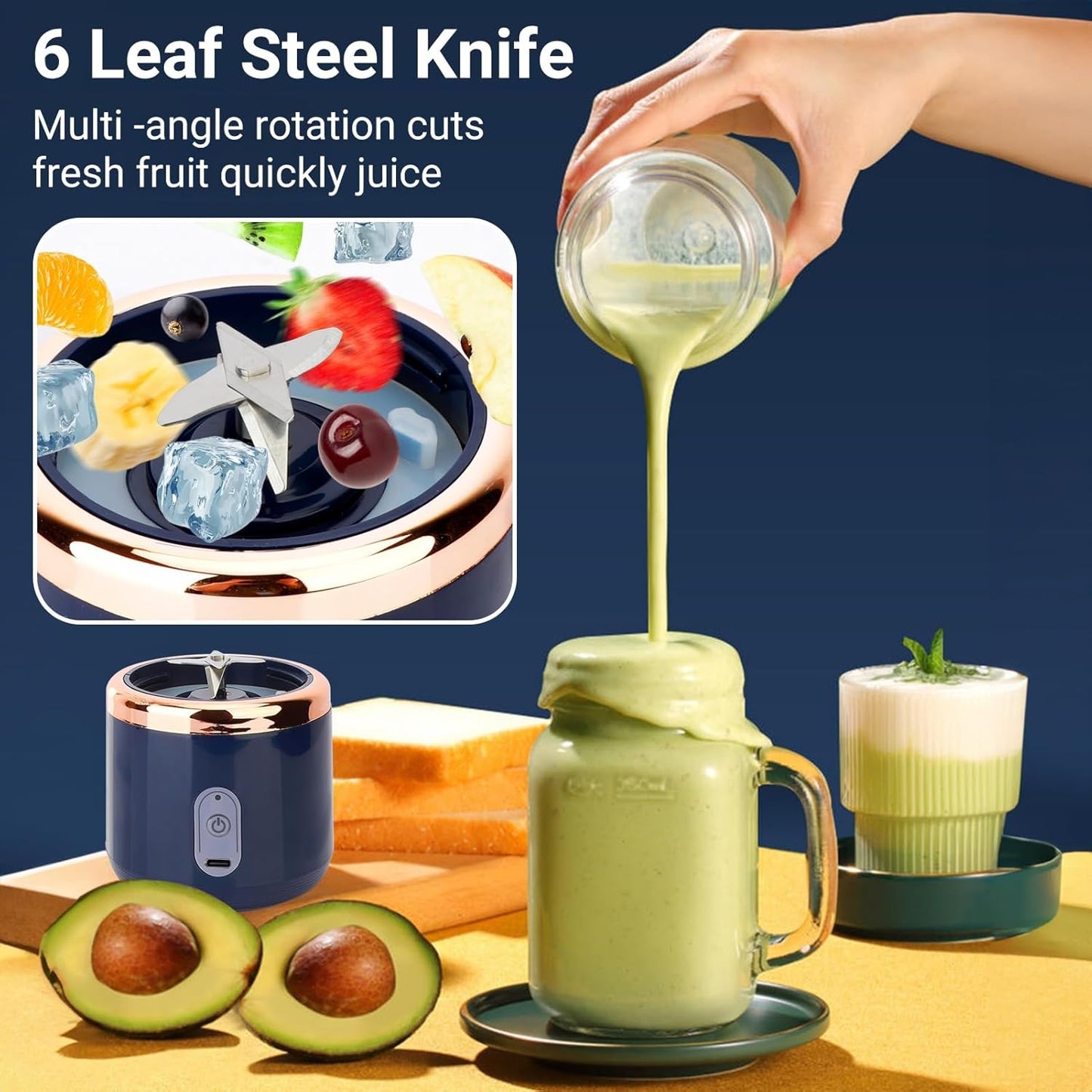 Extractor de Jugo Portátil 400 ml – Recargable USB, 6 Cuchillas, Batidora Personal