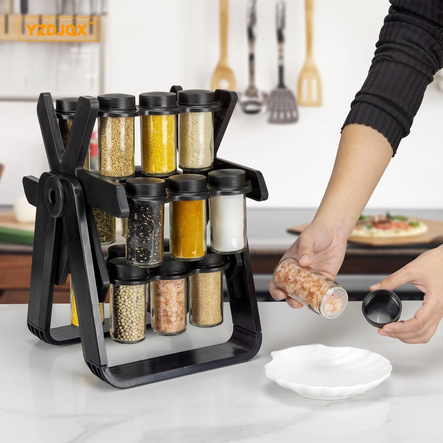 Organizador Giratorio de Especias con 18 Tarros de Vidrio – Ahorra Espacio y Mantén tu Cocina Ordenada