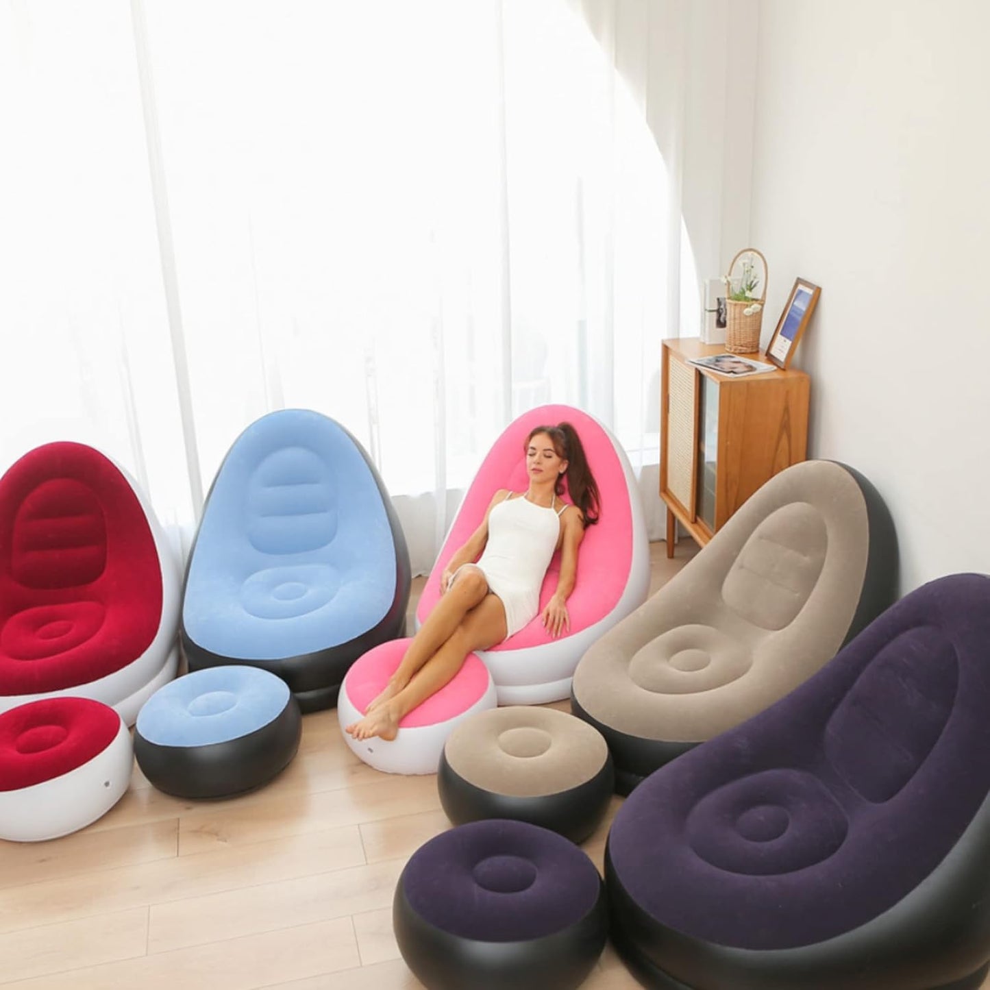 Sofá Lounge Inflable Deluxe con Reposapiés – Interior y Exterior – Tela Aterciopelada Suave