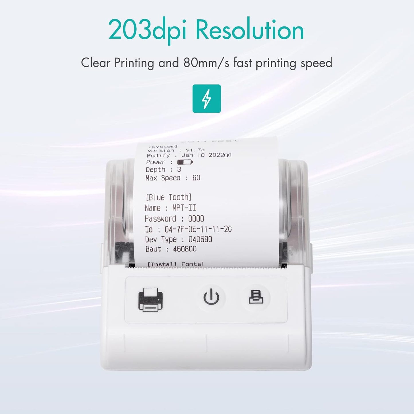 🖨️ Impresora térmica portátil con resolución 203dpi y ancho de papel 57 mm para impresión clara y rápida (80 mm/s).