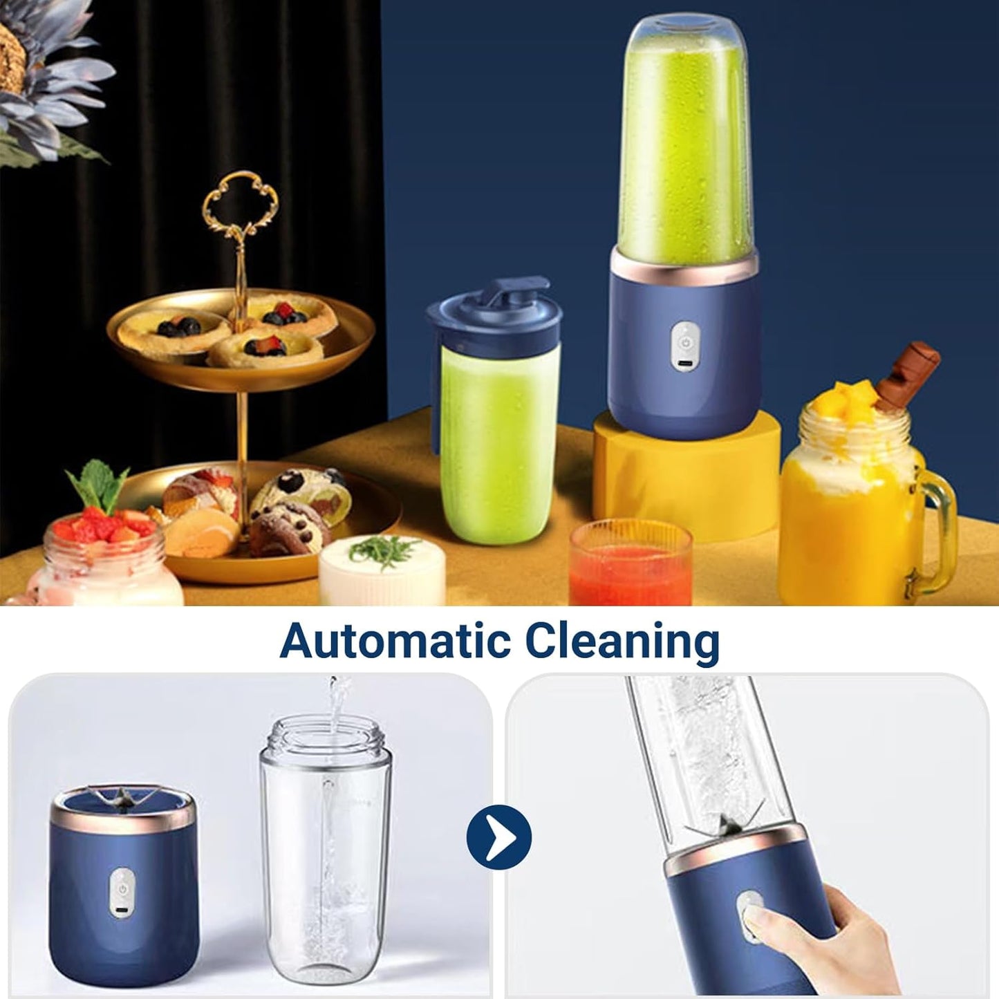 Extractor de Jugo Portátil 400 ml – Recargable USB, 6 Cuchillas, Batidora Personal