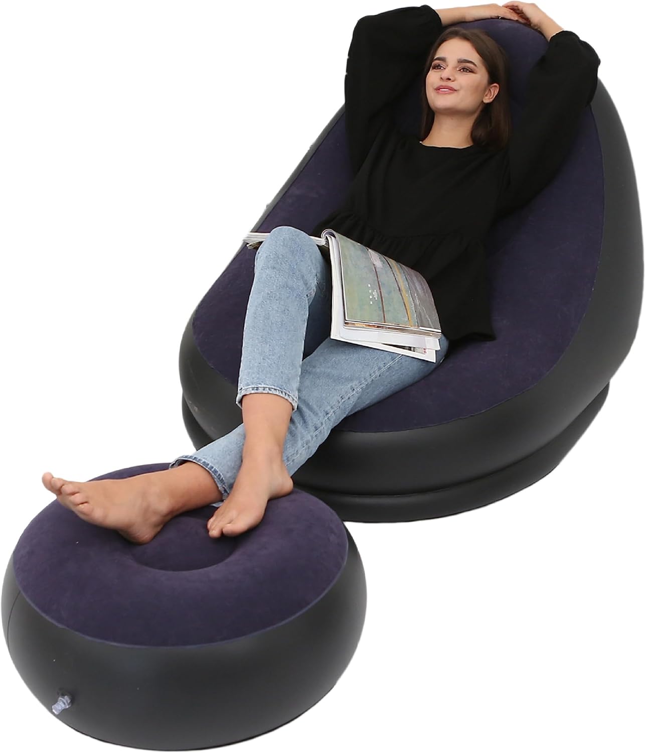 Sofá Lounge Inflable Deluxe con Reposapiés – Interior y Exterior – Tela Aterciopelada Suave
